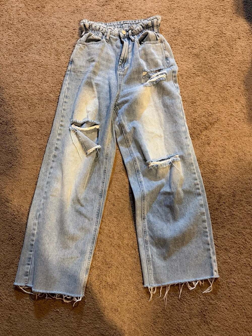 SHEIN Women's Paperbag Waist Wide Leg Distressed Raw Hem Jeans